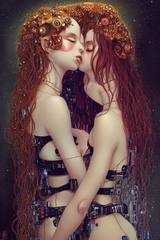 Prompt: two beautiful young cyborg maidens, cyberpunk, kiss, highly detailed, artstation, illustration, art by Gustav Klimt