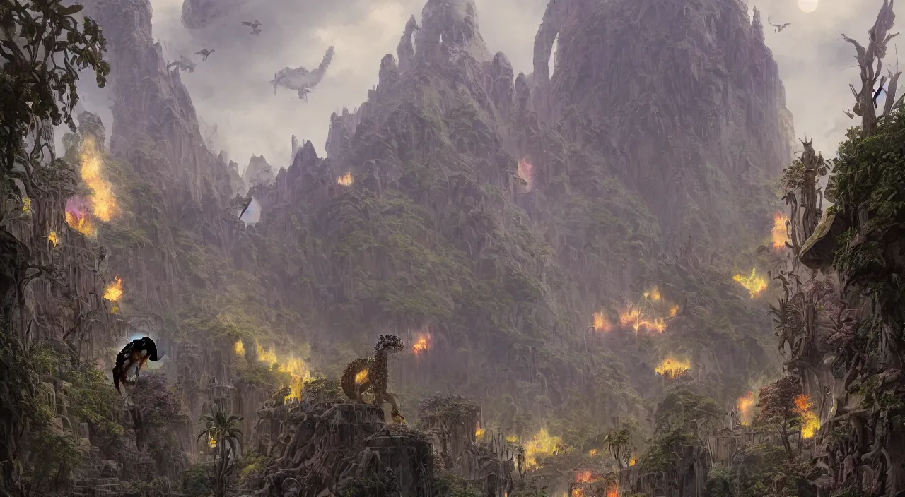 Image similar to technicolor dinosaurs, glowing with magic, surrounded by slate grey walls, matte painting, fantasy art, concept art, greg rutkowski, james gurney, johannes voss, hasui kawase.