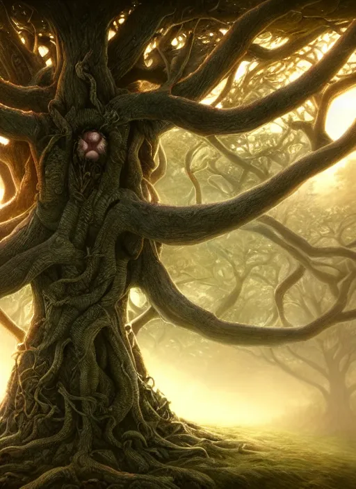 Prompt: highly detailed closeup portrait of a yggdrasil tree, unreal engine, nicoletta ceccoli, mark ryden, lostfish, earl norem, global illumination, god rays, detailed and intricate environment