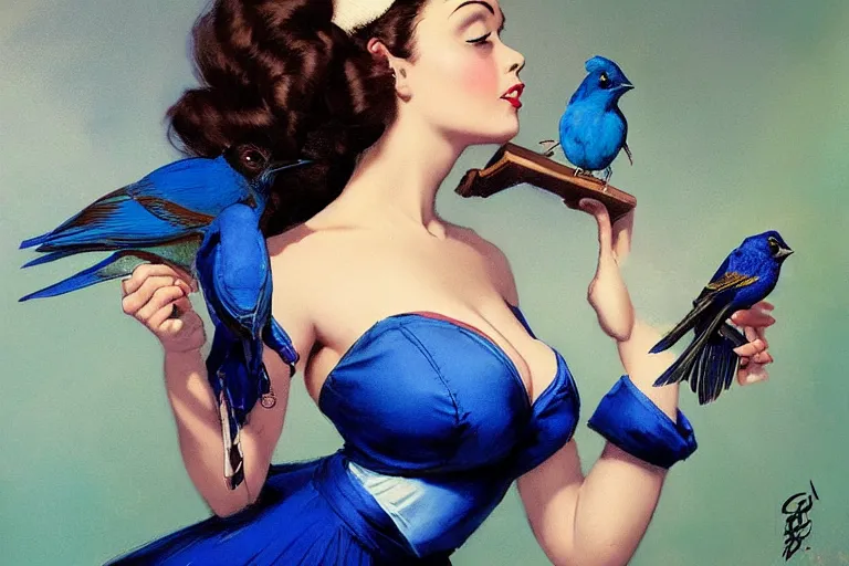 Image similar to pinup girl holding an indigo bunting, bird, the bird is wearing a bowtie, by greg rutkowski, rossdraws, gil elvgren, enoch bolles, anime, porcelain skin, very coherent