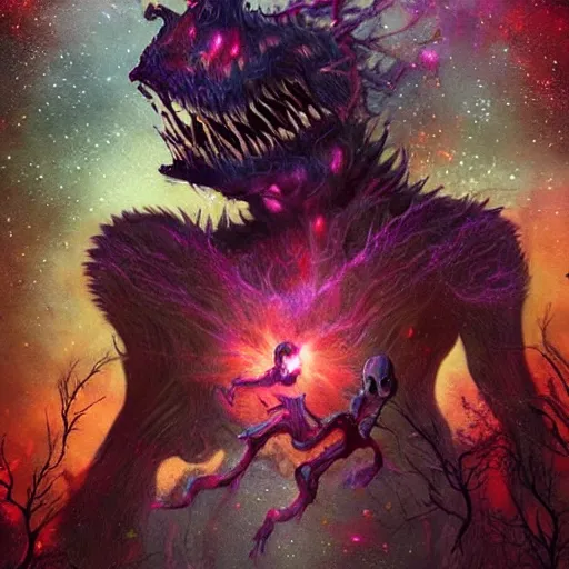 Image similar to a beautiful terrifying monster made out of space and stars. ethereal horror fantasy art