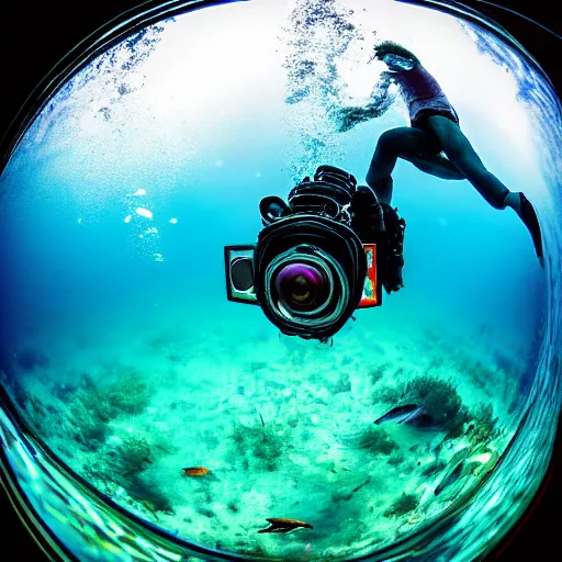 Prompt: fisheye underwater footage of a city street photography
