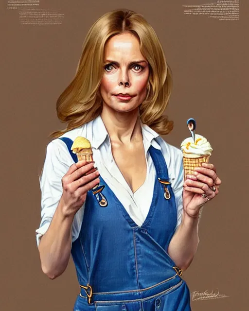 Prompt: portrait of a blonde fuller figured barbara bach from the bond film wearing blue dungarees and eating ice creams in porto, real life skin, intricate, elegant, highly detailed, artstation, concept art, smooth, sharp focus, art by artgerm and greg rutkowski and alphonse mucha