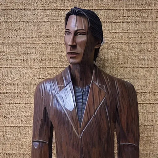Image similar to a wooden sculpture of keanu reaves in the matrix