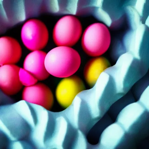 Image similar to bright pink bubblegum, shaped like eggs, award winning photo, close up, high quality