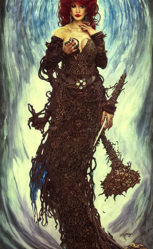 Prompt: full length portrait of a woman who is a mix cookie monster and taylor swift, sorcereress using dark seduction magic, d & d, medieval, fantasy, royo, klimt, miro, vallejo, frazetta, alphonse mucha, greg rutkowski, whealan