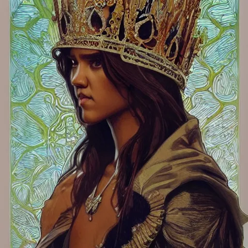 Prompt: jessica alba as queen, incredibly detailed face, wearing toga. true anatomy, symmetry, true anatomy, art by artgerm and greg rutkowski and alphonse mucha