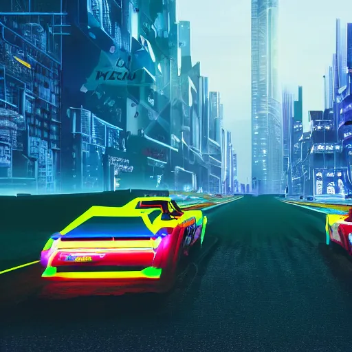 Image similar to rally cars racing at futuristic city with neon lights and dust