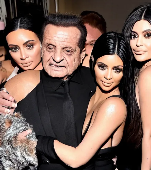 Prompt: Joe pesci hugging kim kardashian & kylie Jenner in a derelict  mafia mansion