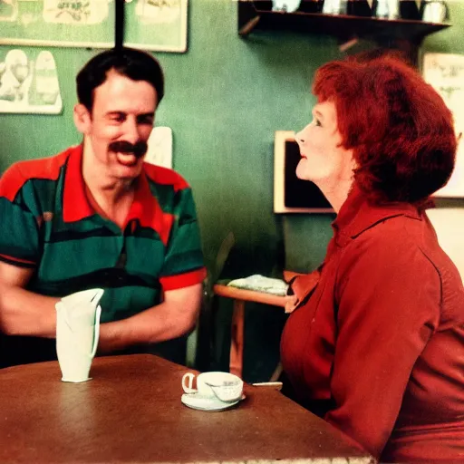Prompt: kodachrome photo of a man and his wife talking about cats at a budy coffe shop, strong reds and greens color photo
