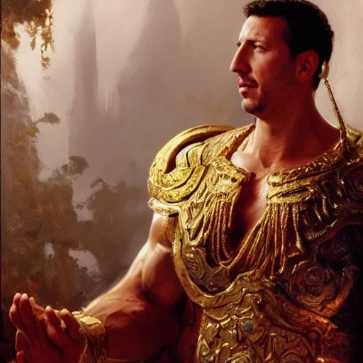 Image similar to detailed realistic cinematic wide shot of beautiful attractive muscular adam sandler as roman empreror gold chain wearing royal red clothes slim face symettrical face clean skin black eyes black robe smooth, sharp focus, ultra realistic, spring light, painting by gaston bussiere, craig mullins, j. c. leyendecker