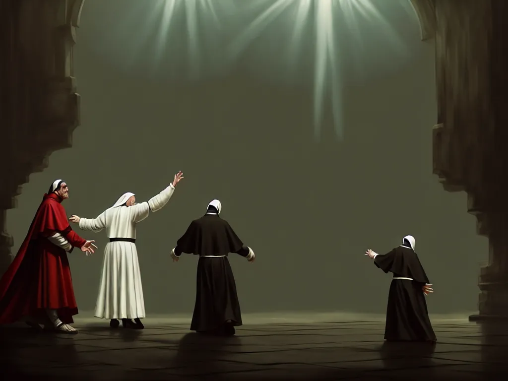 Image similar to Nun dancing with the pope, dramatic lighting, cinematic, establishing shot, high detail, cinematic lighting, post processed, 8k, concept art, artstation, matte painting, in the style of eddie mendoza, raphael lacoste, alex ross