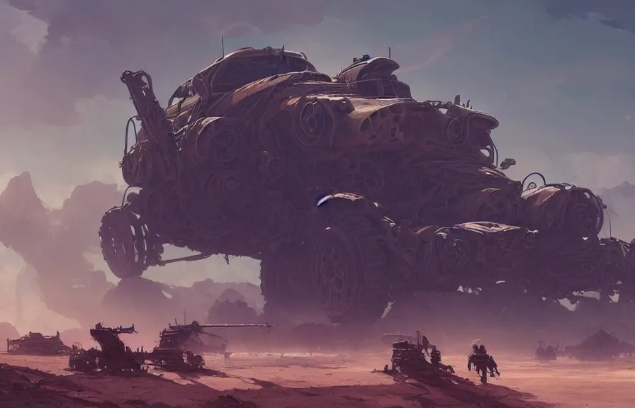 Prompt: concept art of a dusty field with twisted wreckage of dieselpunk orcish tanks and smoking craters in the background, key visual, ambient lighting, highly detailed, digital painting, artstation, concept art, sharp focus, by makoto shinkai and akihiko yoshida and hidari and wlop