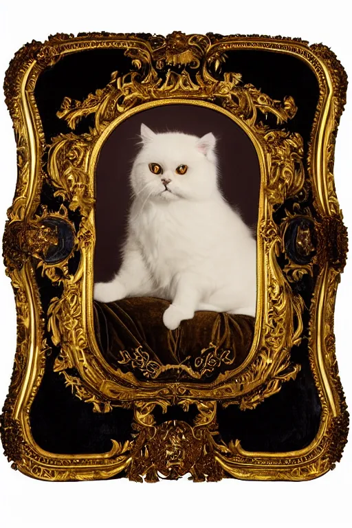 Image similar to a magnificent tintype portrait of a fluffy fat royal cat on an embroidered velvet cushion on a neo - rococo gilded little bed, by david lachapelle, photorealistic, photography, wide shot