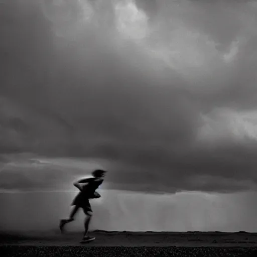 Image similar to man running from the stormy clouds by Trent Parke, clean, detailed, Magnum photos