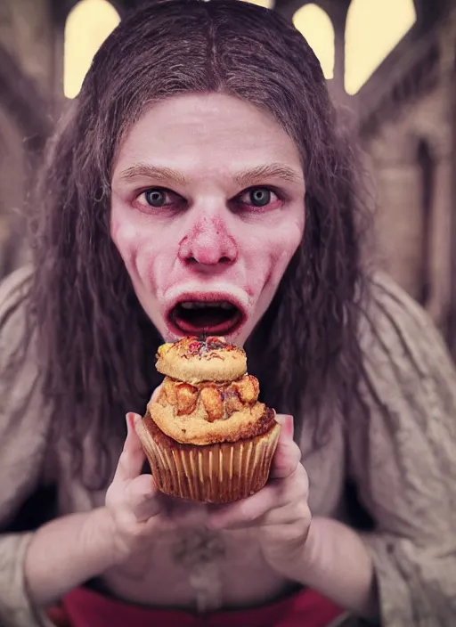 Image similar to closeup portrait of a medieval goblin eating cakes in the abbey, depth of field, zeiss lens, detailed, symmetrical, centered, fashion photoshoot, by annie leibovitz and steve mccurry, david lazar, jimmy nelsson, breathtaking, 8 k resolution, extremely detailed, beautiful, establishing shot, artistic, hyperrealistic, beautiful face, octane render