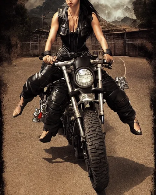 Prompt: Adriana Lima on a bike in sons of anarchy tv show, wearing leather, D&D style , highly detailed, digital art, trending on artstation, smooth, sharp focus, illustration, art by artgem and ROBERT HYNES