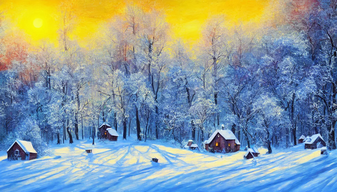 Image similar to ! dream painting of winter blizzard of house in the woods, sunny evening, artistic, brush, strokes, colourfull, very detailed, 4 k