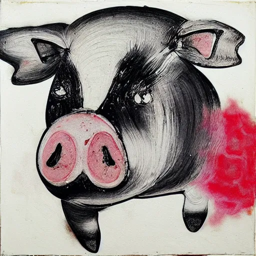 Prompt: “pig paintings and pig sculptures in a pig art gallery, pork, ikebana white flowers, white wax dripping, squashed raspberry stains, charcoal on paper, by munch and Dali”