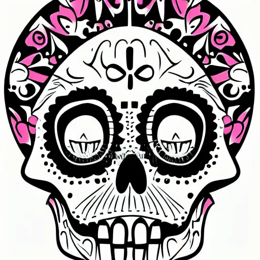 Prompt: cute cartoon drawing of a mexican skull, dia de los muertos, big head, big eyes, skull head, vector illustration, style of disney animation