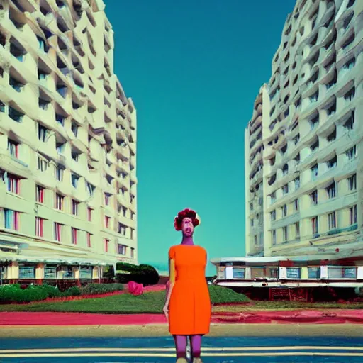 Image similar to giant flower head, frontal, girl standing in mid century hotel, surreal, symmetry, bright colors, cinematic, wes anderson