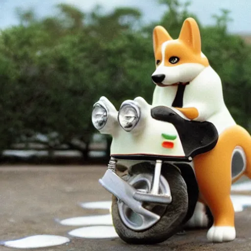 Prompt: Corgi riding a 90s Japanese motorcycle in style of Hiroshi Nagai