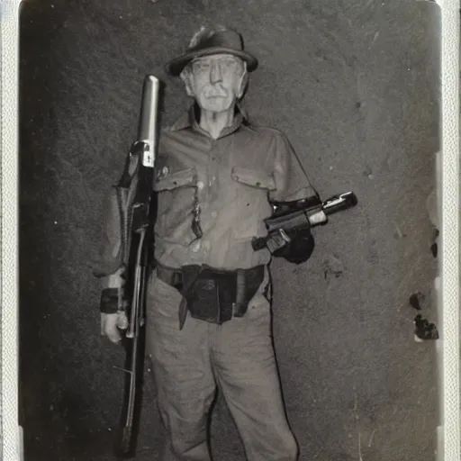 Image similar to old polaroid photo of an old man holding a rifle and standing proudly next to a dinosaur corpse