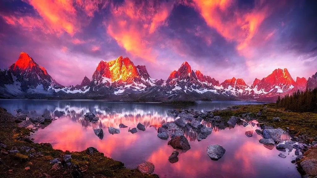 Image similar to amazing landscape photo of mountains with lake in sunset by marc adamus, beautiful dramatic lighting