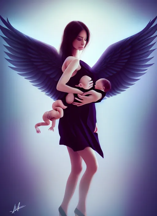 Prompt: beautiful women with wings holding her baby, latina, rule of thirds, haze, intricate, anime, symmetrical!!, makeup, loreal, maybelline, filmic, vsco, concept art, artstation, digital painting, elegant, model