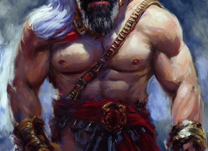 Image similar to a highly detailed beautiful portrait of john travolta as kratos, by gregory manchess, james gurney, james jean