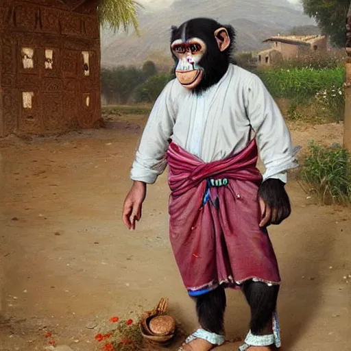 Image similar to beautiful painting by sophie anderson of a chimpanzee wearing traditional men kurdish clothes baggy pants and white shirt with a large sash tied around the waist in a kurdish village, award winning art, insanely detailed, bright colors, global illumination, cute, young, stunning