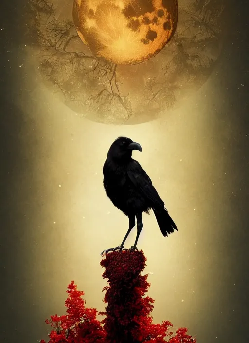 Image similar to red and golden color details, portrait, A crow with red eyes in front of the full big moon, book cover, red tree, red white black colors, establishing shot, extremly high detail, foto realistic, cinematic lighting, by Yoshitaka Amano, Ruan Jia, Kentaro Miura, Artgerm, post processed, concept art, artstation, raphael lacoste, alex ross, portrait, A crow with red eyes in front of the full big moon, book cover, red roses, red white black colors, establishing shot, extremly high detail, photo-realistic, cinematic lighting, by Yoshitaka Amano, Ruan Jia, Kentaro Miura, Artgerm, post processed, concept art, artstation, raphael lacoste, alex ross