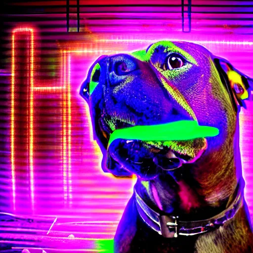 Image similar to an amazing glitch art photo of a cute mad pitbull. glowing neon lights, glitchery, intricate, epic lighting, cinematic composition, hyper realistic, 8 k resolution, unreal engine 5