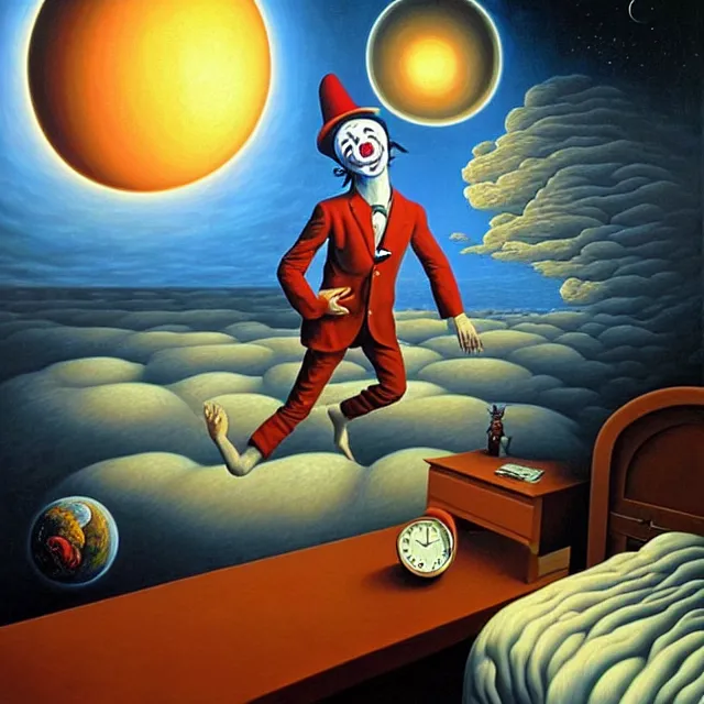 Prompt: an oil on canvas portrait painting of a clown waking up to start a new day, surrealism, surrealist, cosmic horror, rob gonsalves, high detail