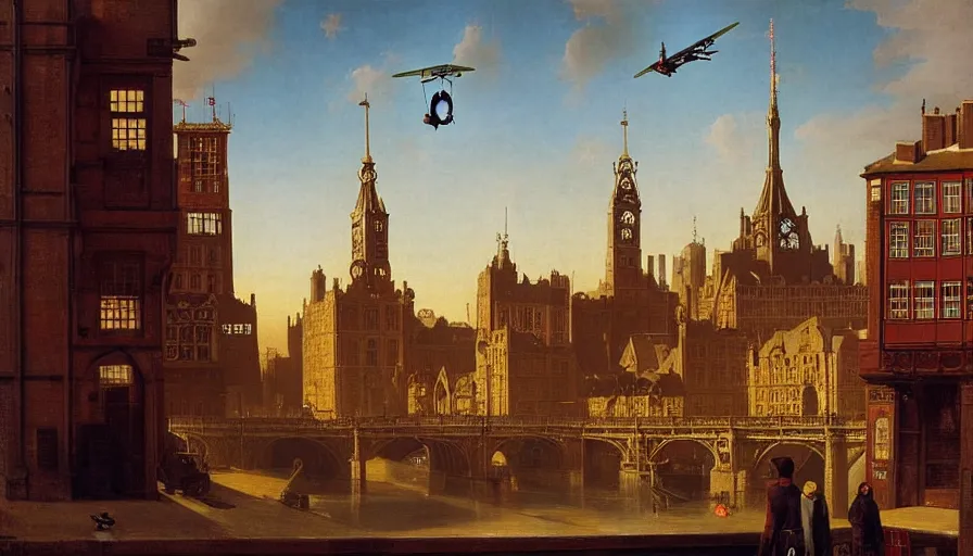 Image similar to Victorian England soviet city with flying cars and cyberpunk, made by Hubert van Eyck, Georges de La Tour, Élisabeth Vigée Le Brun, Jacques-Louis David