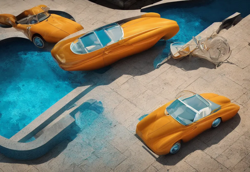 Image similar to art installation of a 50s sport car floating on a pool of bright water. (((complementary colors. national geographic. 8k, rendered in octane, smooth gradients. soft natural volumetric cinematic light. subsurface scattering. sculpture by antonio canova.)))