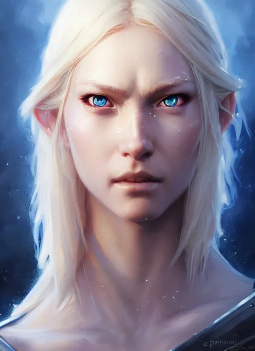 Image similar to a fantasy style portrait painting of shy white female paladin with blonde hair and blue eyes shy scarred left eye, holy oil painting unreal 5 daz. rpg portrait extremely detailed artgerm greg rutkowski _ greg