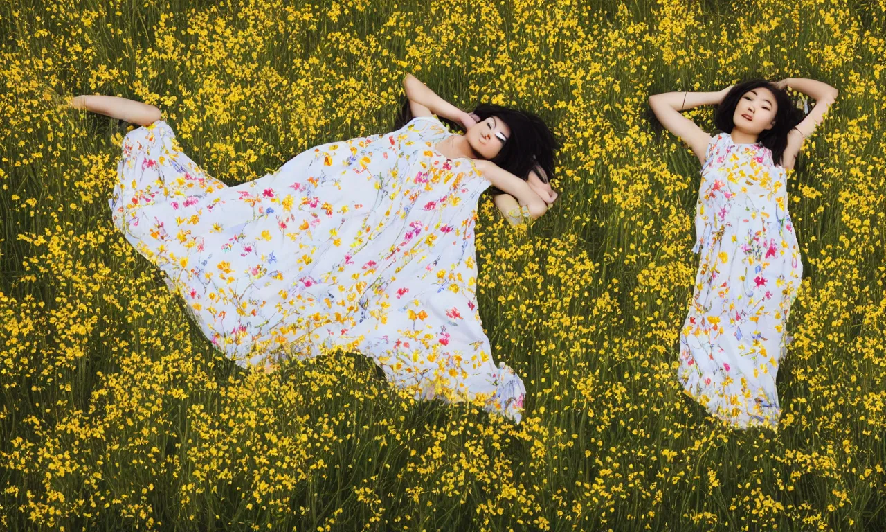 Prompt: beautiful Asian woman lying in a field of wildflowers, wearing a yellow and white sun dress, medium close, dreamy