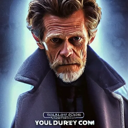 Image similar to willem dafoe as a rough dirty old man with a scruffy beard in a dark blue trenchcoat as the new doctor who, cinematic, volumetric lighting, f 8 aperture, cinematic eastman 5 3 8 4 film, photorealistic by greg rutkowski, by stanley artgerm, by alphonse mucha