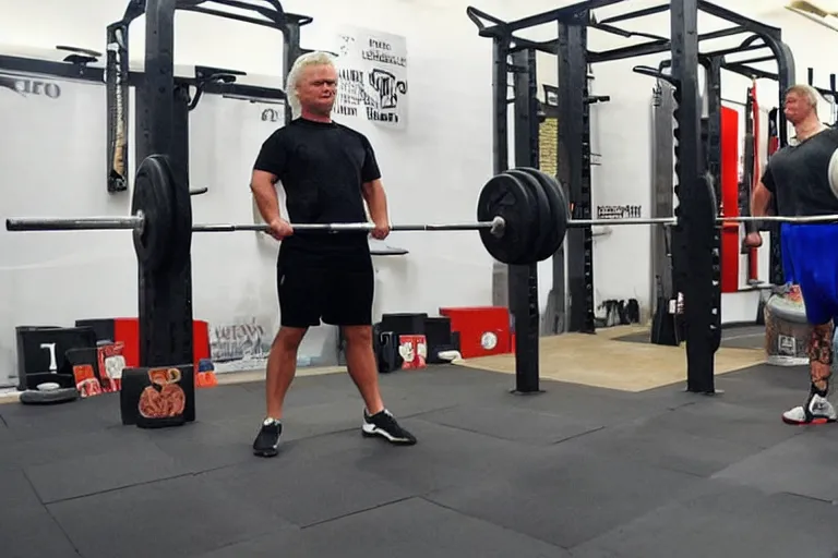 Prompt: geert wilders with strongman body ipf deadlift lockout 5 5 0 kg plates on both sides of barbell