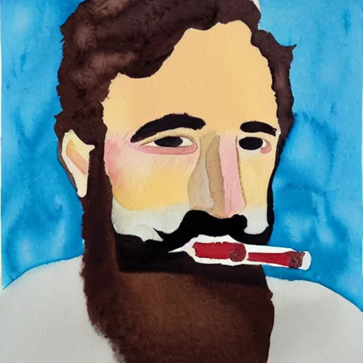 Image similar to Expressionism watercolor portrait of a man with a beard, he is smoking a cigarette, he is wearing a brown sweater