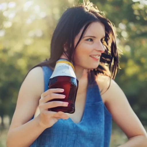 Prompt: a woman holding a bottle of beer, photorealistic