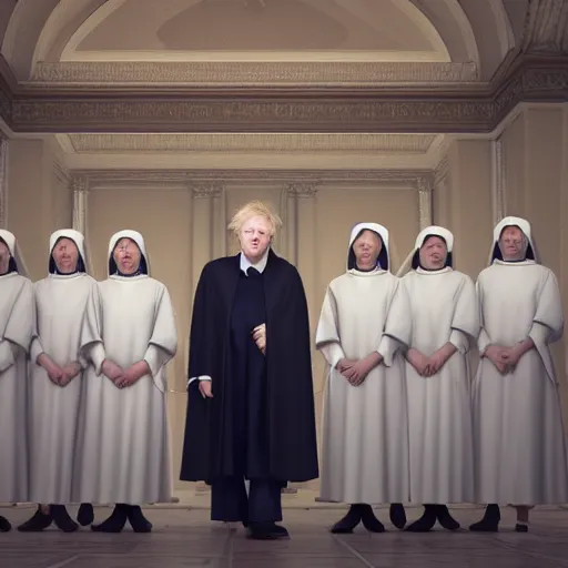Image similar to Boris Johnson with Nuns body, realistic artstyle, wide shot, dramatic lighting, octane render, hyperrealistic, high quality, highly detailed, HD, beautiful, cinematic, 8k, unreal engine, facial accuracy, symmetrical
