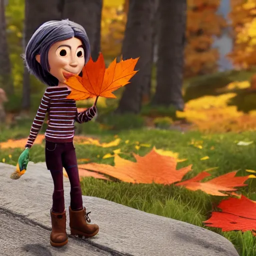 Image similar to a stopmotion animation character, a beautiful canadian woman, gardening, very attractive, spiky dark grey hair, striped sweater, tight denim jeans, maroon doc marten boots, canadian maple leaves blowing about, mountains, autumn, unreal engine 5, 8 k, kubo and the two strings, disney, pixar,