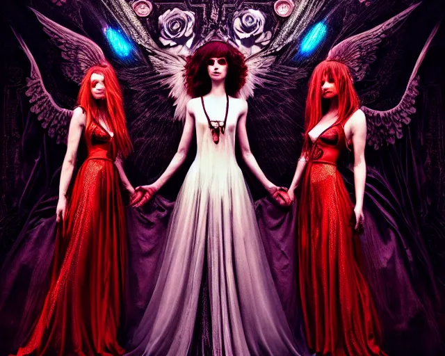 Image similar to three stunning otherworldly gothic goddesses with beautiful angelic faces, wearing psychedelic wicca, in wedding dresses, red neon roses, full body, dark and mysterious, atmospheric, ominous, eerie, cinematic light, epic, 8 k 3 d, ultra detail, ultra realistic, by giger, by wlop, by mucha