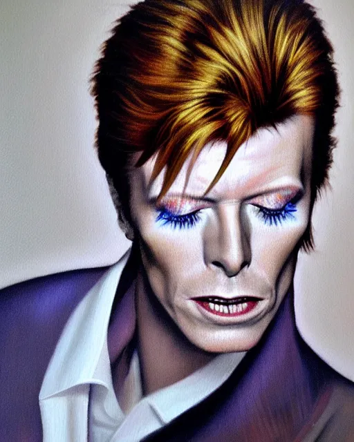 Image similar to David Bowie in photorealistic oil painting style