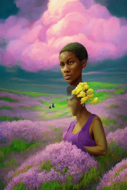 Image similar to portrait, giant lilac flower as head, black woman in heather field, surreal photography, golden hour, colorful clouds, impressionist painting, digital painting, artstation, simon stalenhag