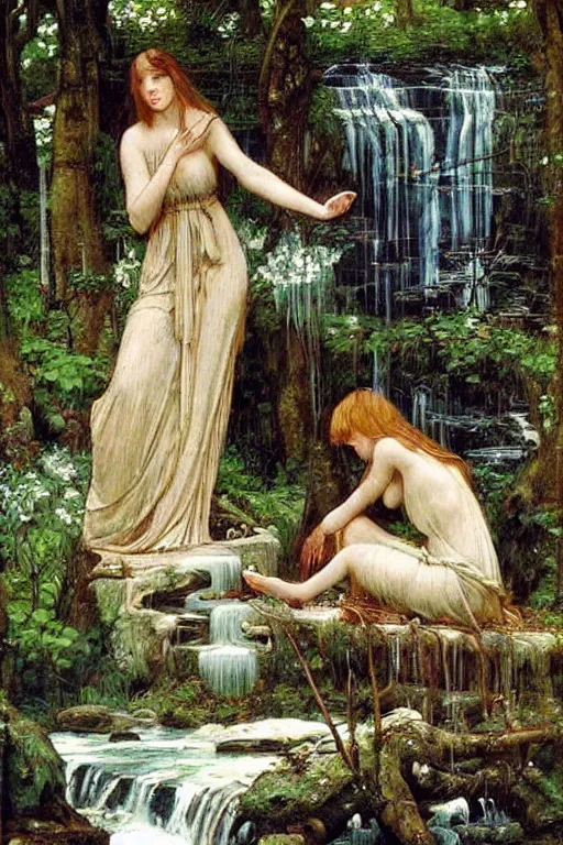 Prompt: beautiful forest dryads playing a quiet game of chess by a mystical waterfall, tranquil scene by Waterhouse