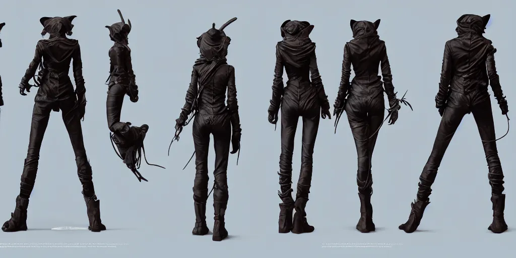 Image similar to wanderer cat girl, character sheet, concept design, contrast, hot toys, kim jung gi, greg rutkowski, zabrocki, karlkka, jayison devadas, trending on artstation, 8 k, ultra wide angle, pincushion lens effect