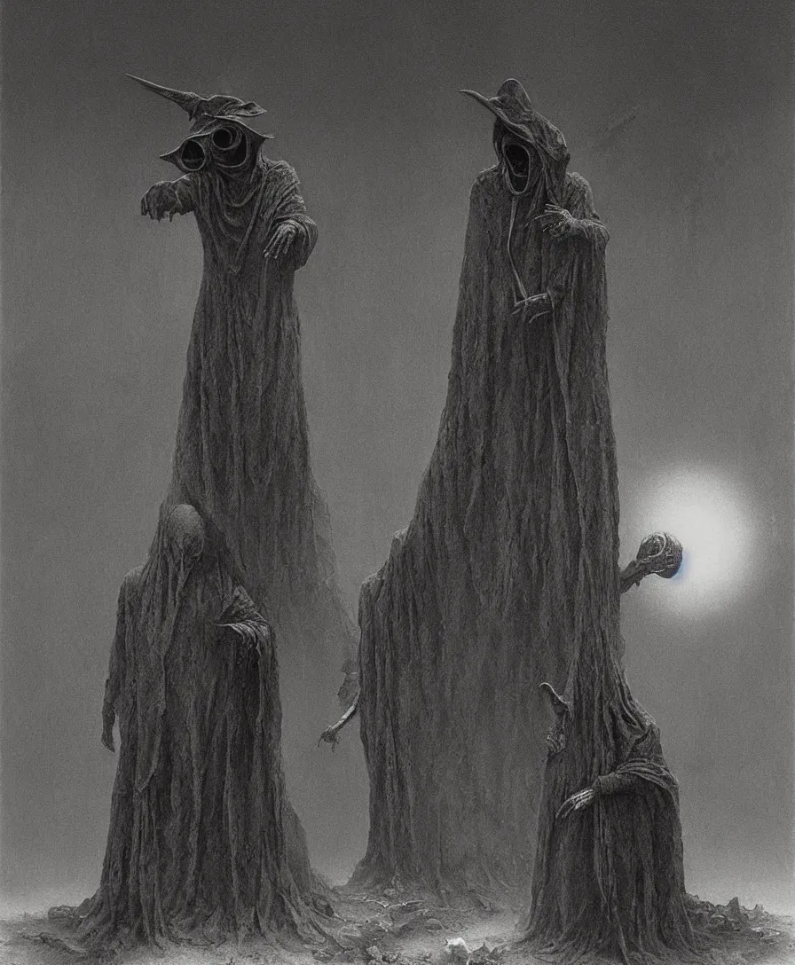 Image similar to plague doctor from iron gridle but human form, destroyed city and flames by zdzislaw beksinski